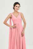 V Neck Chiffon Bridesmaid Dresses Pleated Ruched A Line Formal Evening Dress Gowns