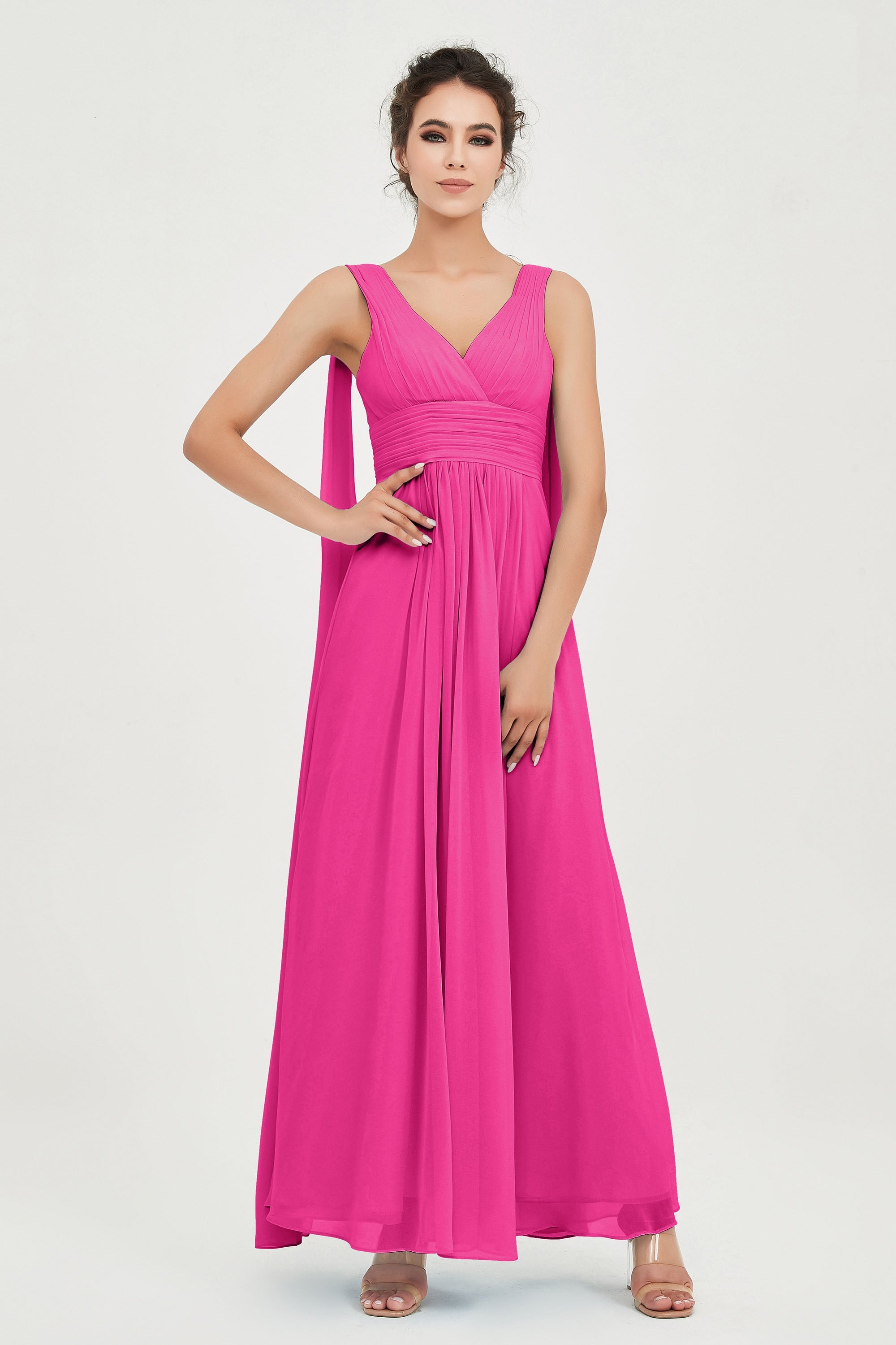 V Neck Chiffon Bridesmaid Dresses Pleated Ruched A Line Formal Evening Dress Gowns