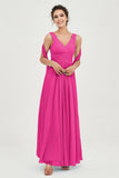 V Neck Chiffon Bridesmaid Dresses Pleated Ruched A Line Formal Evening Dress Gowns
