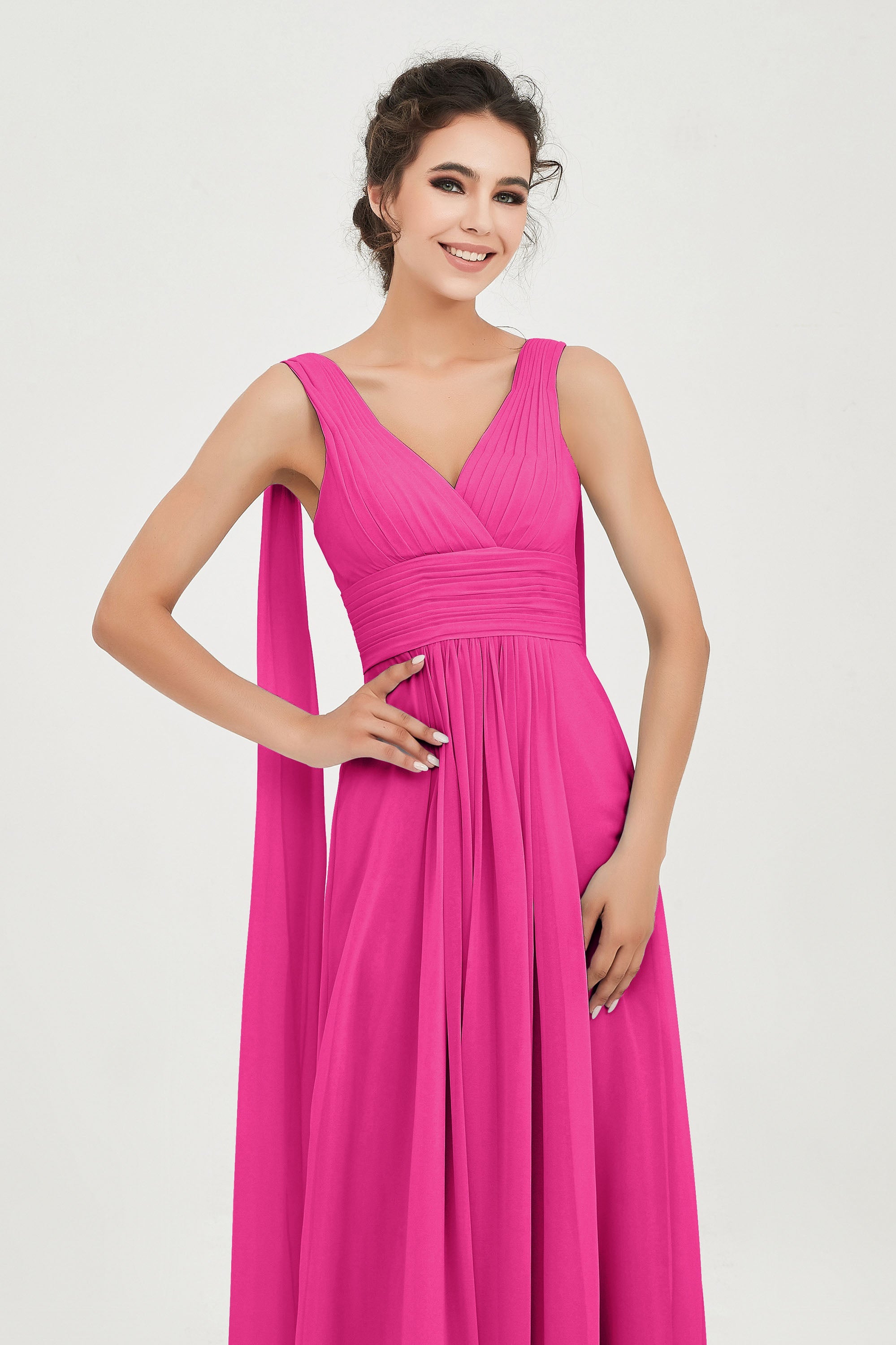 V Neck Chiffon Bridesmaid Dresses Pleated Ruched A Line Formal Evening Dress Gowns