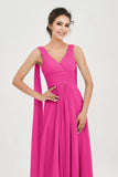 V Neck Chiffon Bridesmaid Dresses Pleated Ruched A Line Formal Evening Dress Gowns