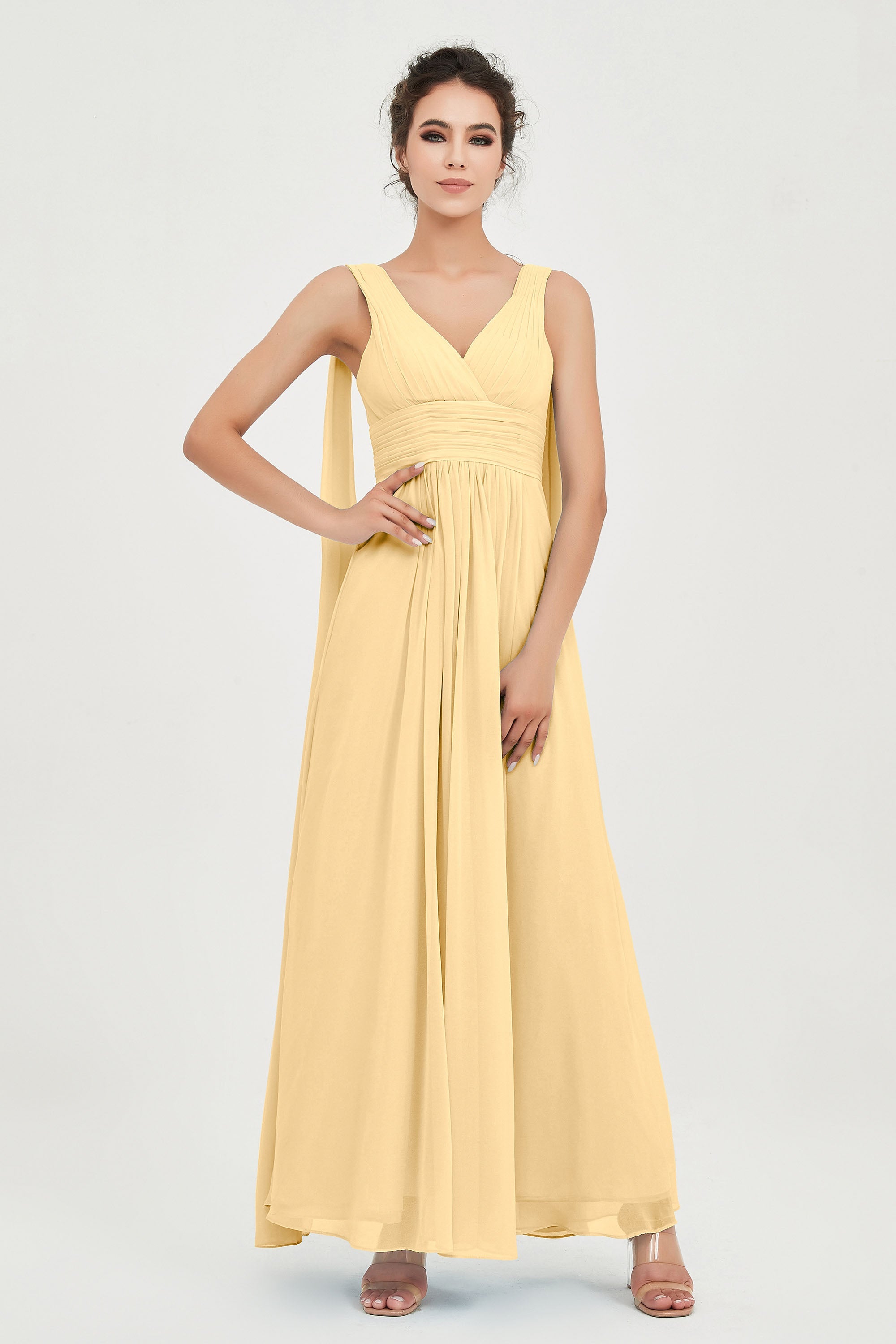 V Neck Chiffon Bridesmaid Dresses Pleated Ruched A Line Formal Evening Dress Gowns