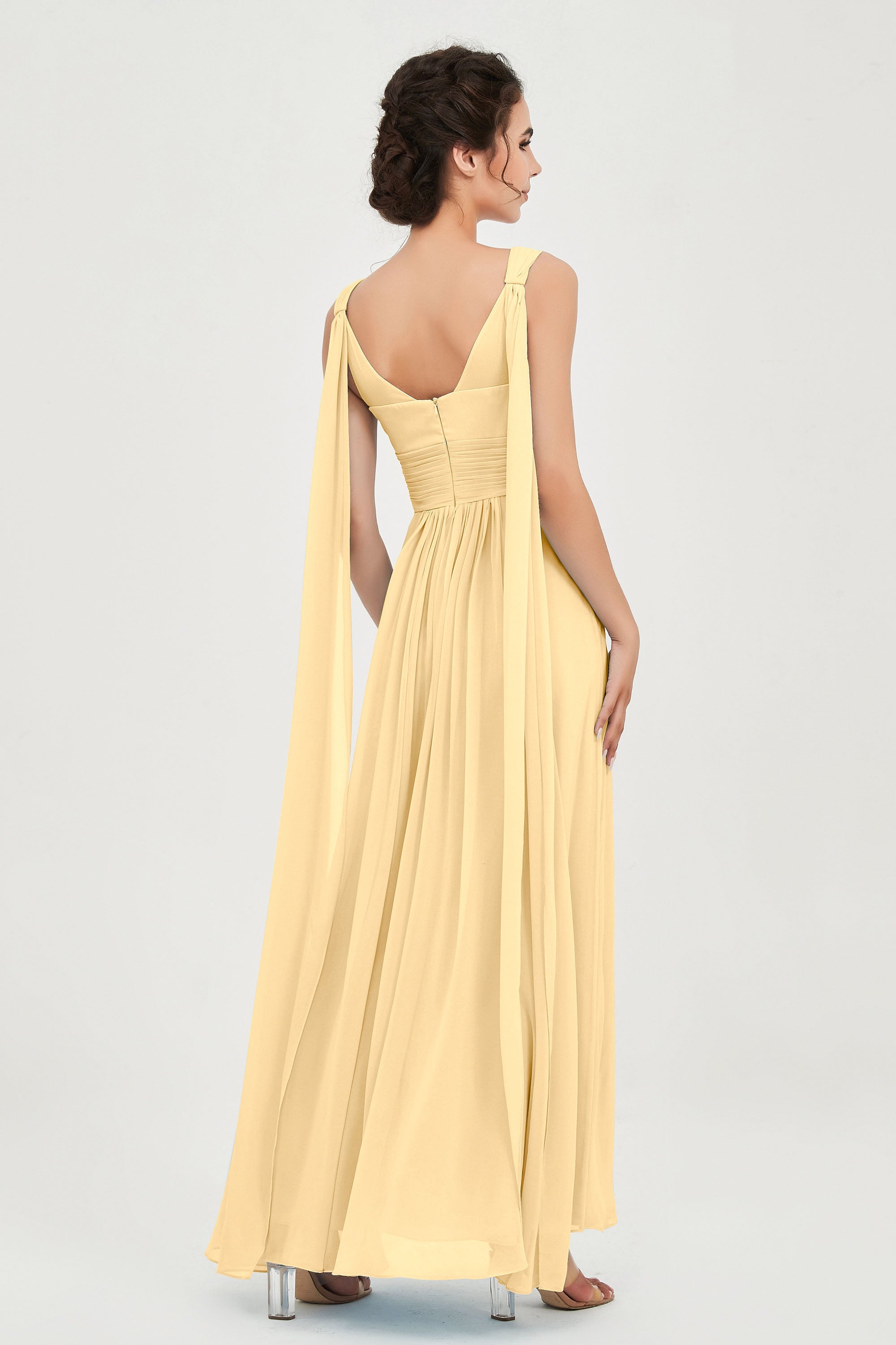 V Neck Chiffon Bridesmaid Dresses Pleated Ruched A Line Formal Evening Dress Gowns