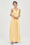 V Neck Chiffon Bridesmaid Dresses Pleated Ruched A Line Formal Evening Dress Gowns