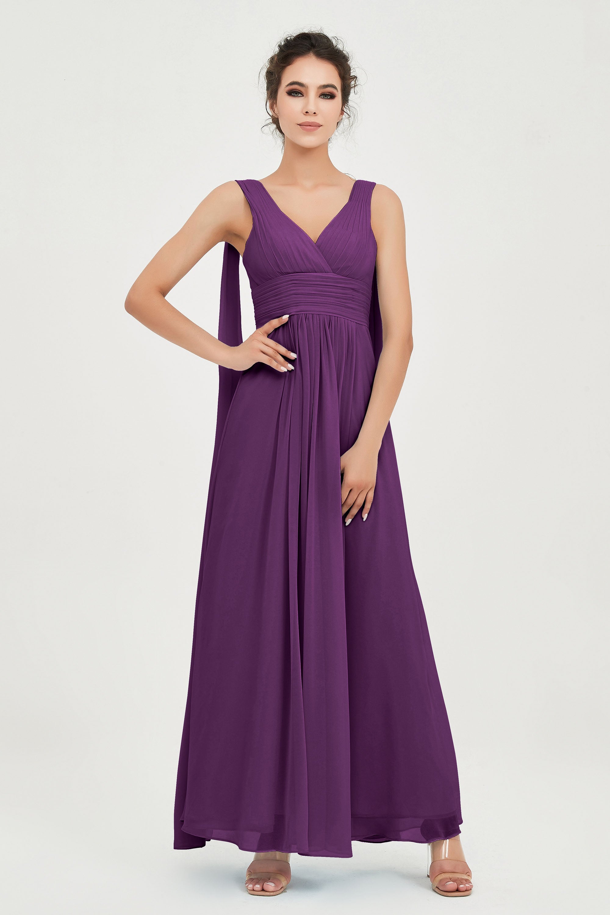 V Neck Chiffon Bridesmaid Dresses Pleated Ruched A Line Formal Evening Dress Gowns