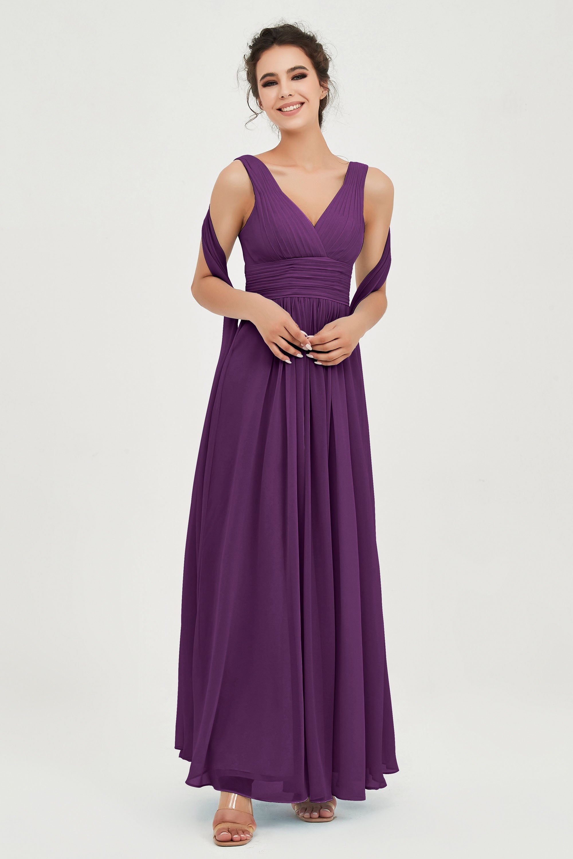 V Neck Chiffon Bridesmaid Dresses Pleated Ruched A Line Formal Evening Dress Gowns