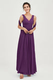 V Neck Chiffon Bridesmaid Dresses Pleated Ruched A Line Formal Evening Dress Gowns