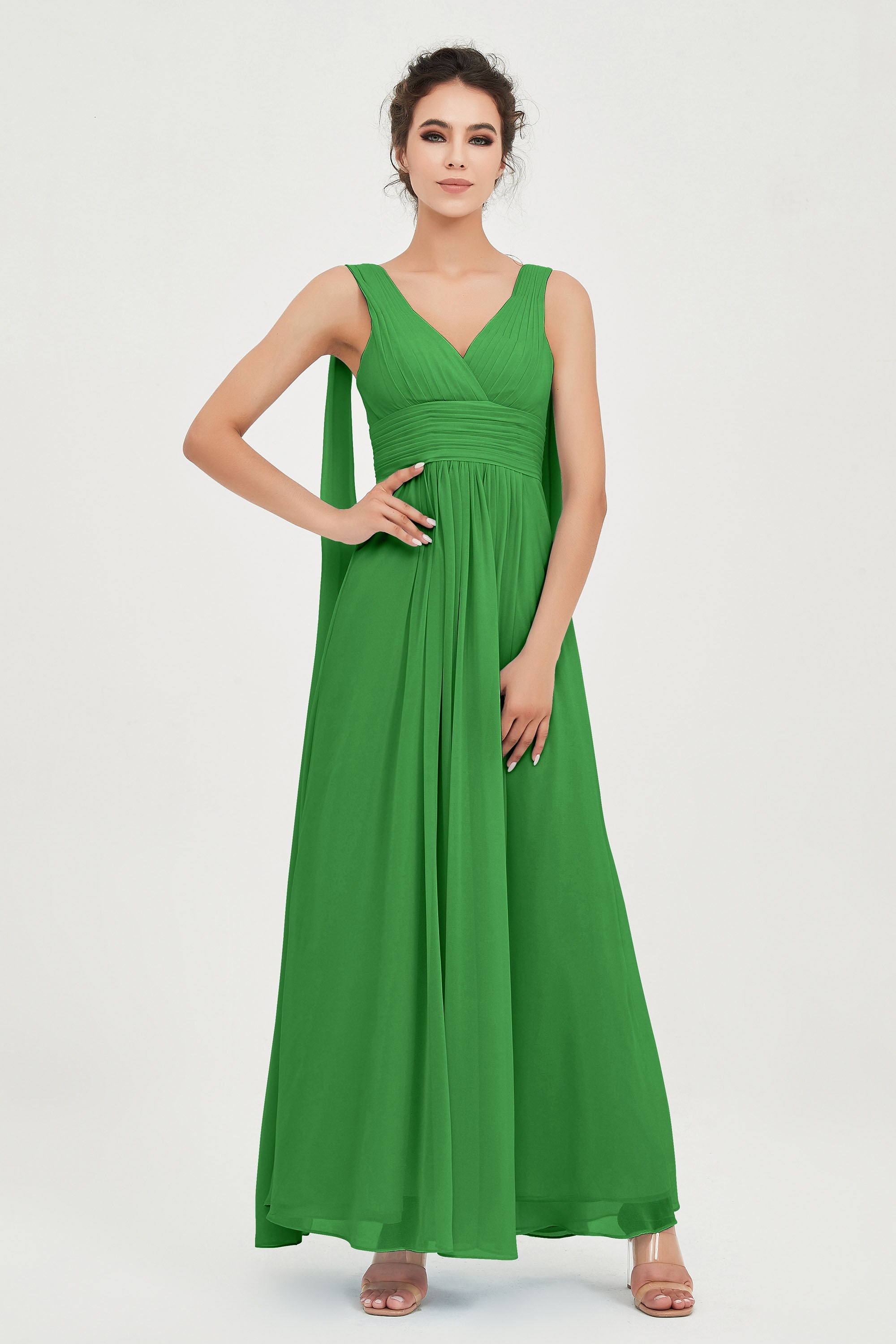 V Neck Chiffon Bridesmaid Dresses Pleated Ruched A Line Formal Evening Dress Gowns