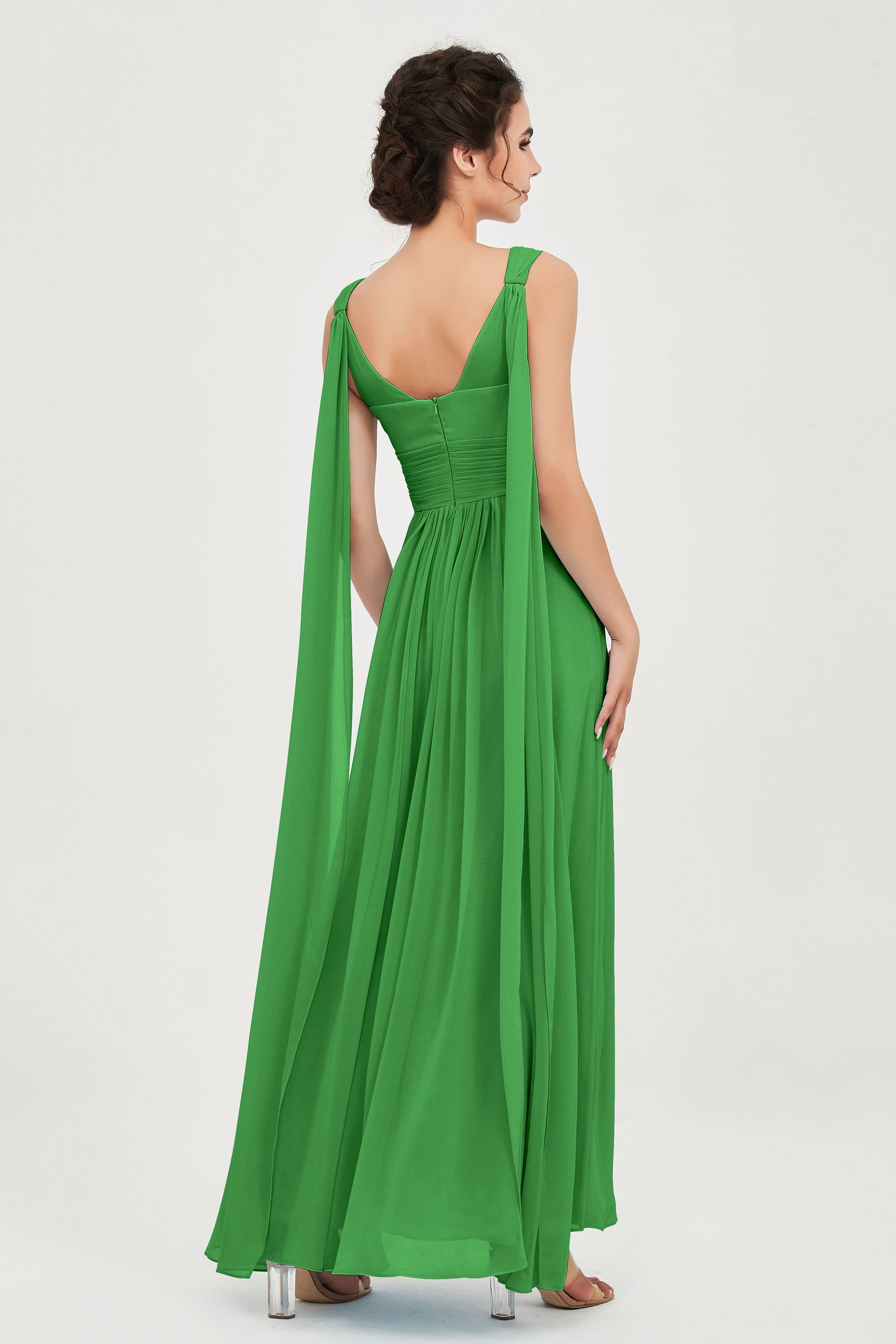 V Neck Chiffon Bridesmaid Dresses Pleated Ruched A Line Formal Evening Dress Gowns