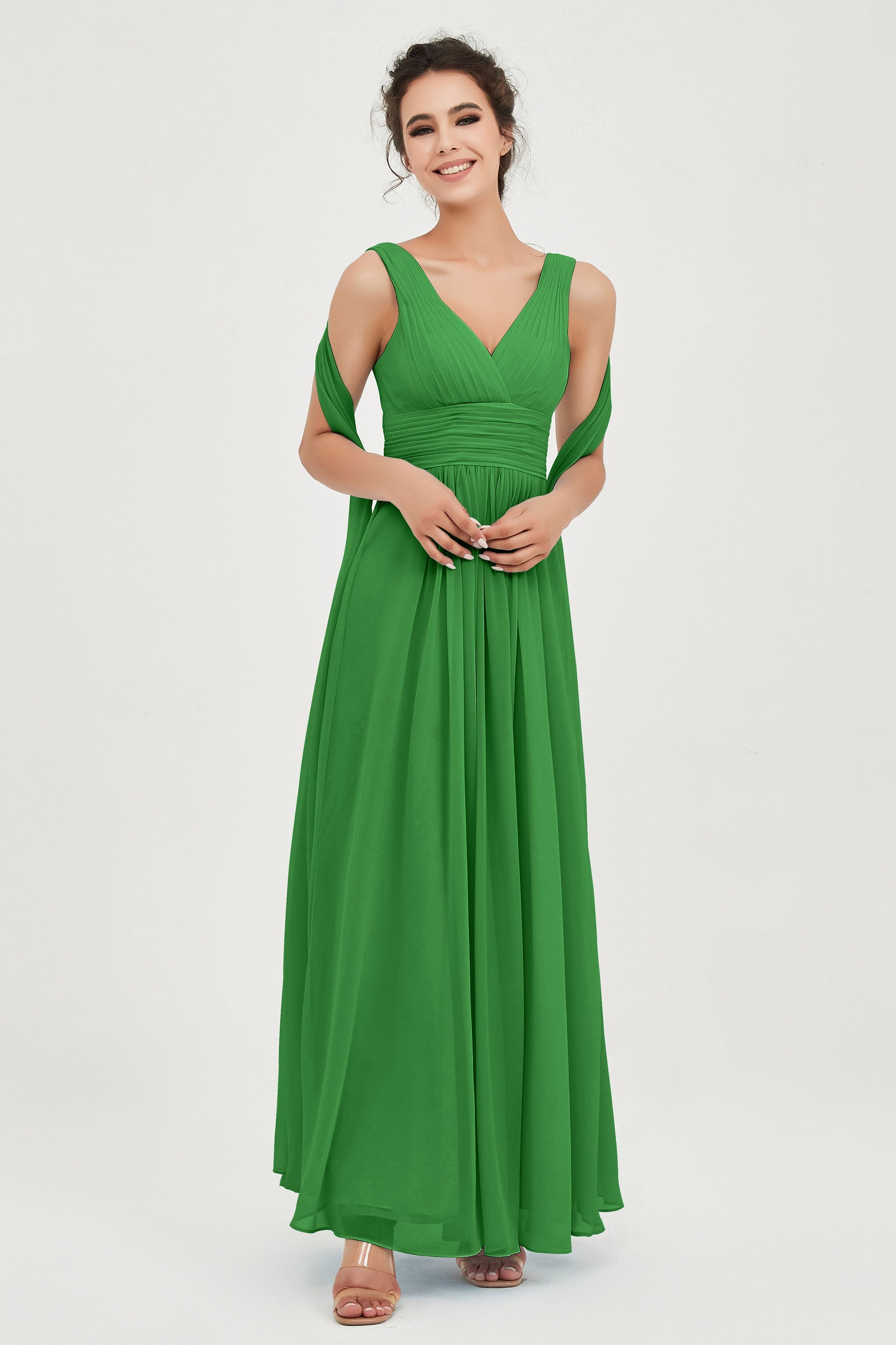 V Neck Chiffon Bridesmaid Dresses Pleated Ruched A Line Formal Evening Dress Gowns