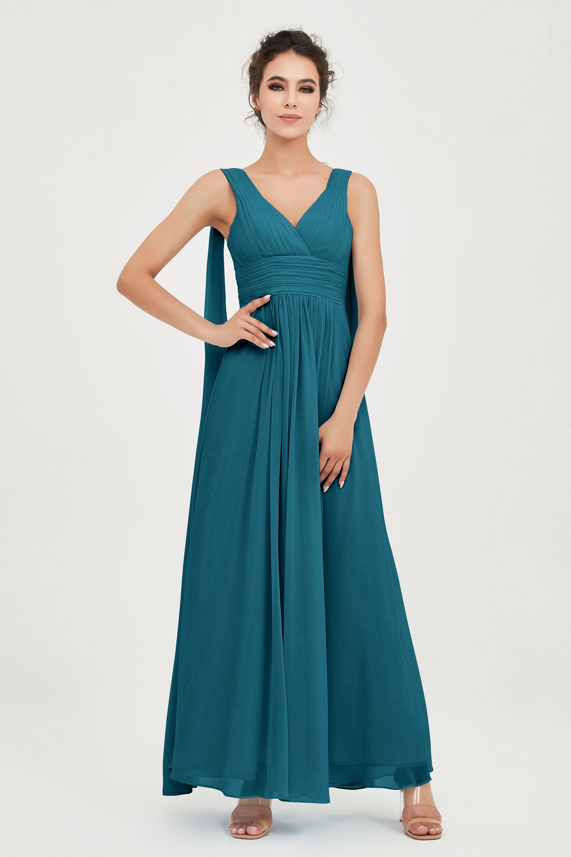 V Neck Chiffon Bridesmaid Dresses Pleated Ruched A Line Formal Evening Dress Gowns