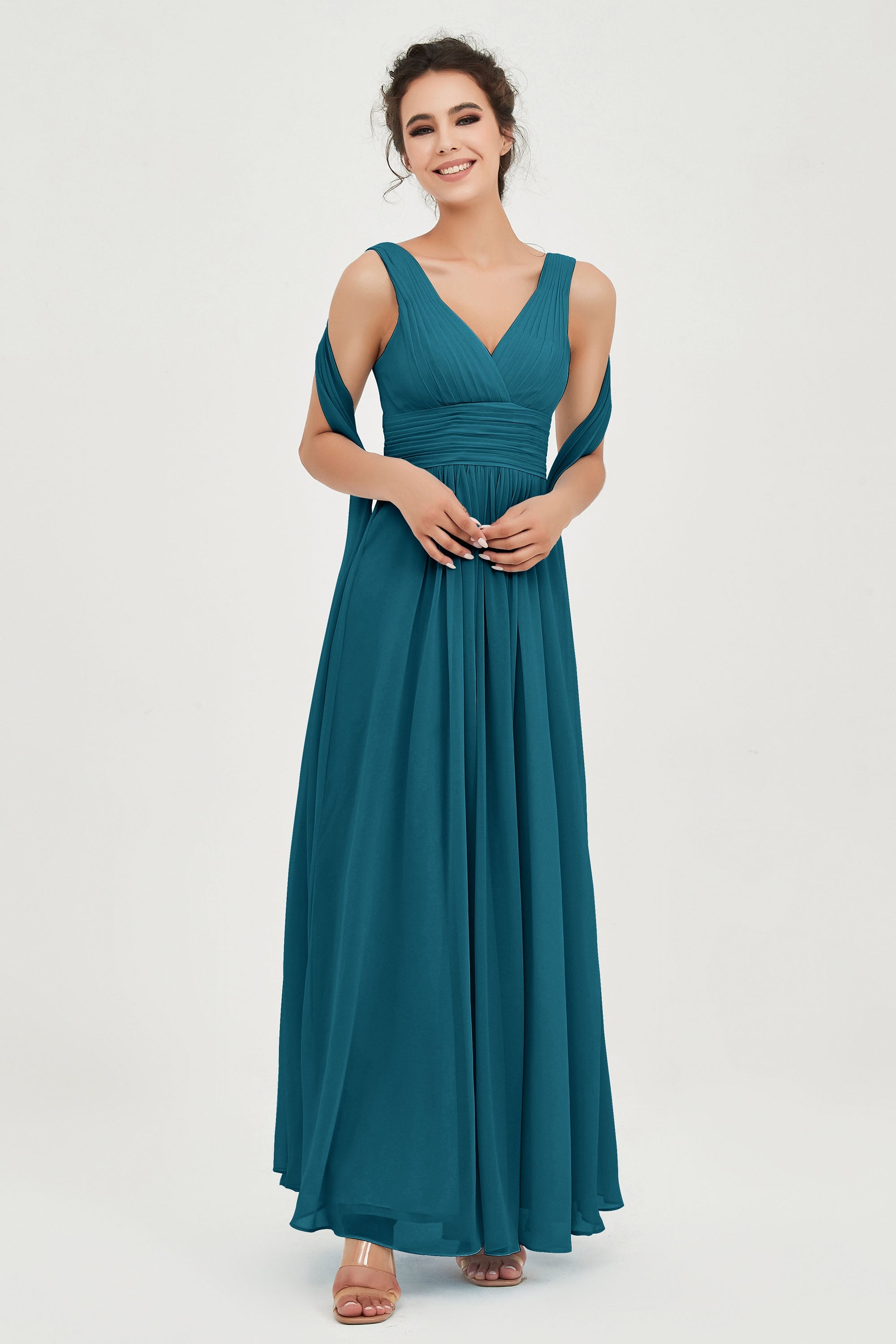 V Neck Chiffon Bridesmaid Dresses Pleated Ruched A Line Formal Evening Dress Gowns