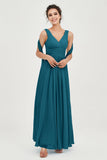 V Neck Chiffon Bridesmaid Dresses Pleated Ruched A Line Formal Evening Dress Gowns