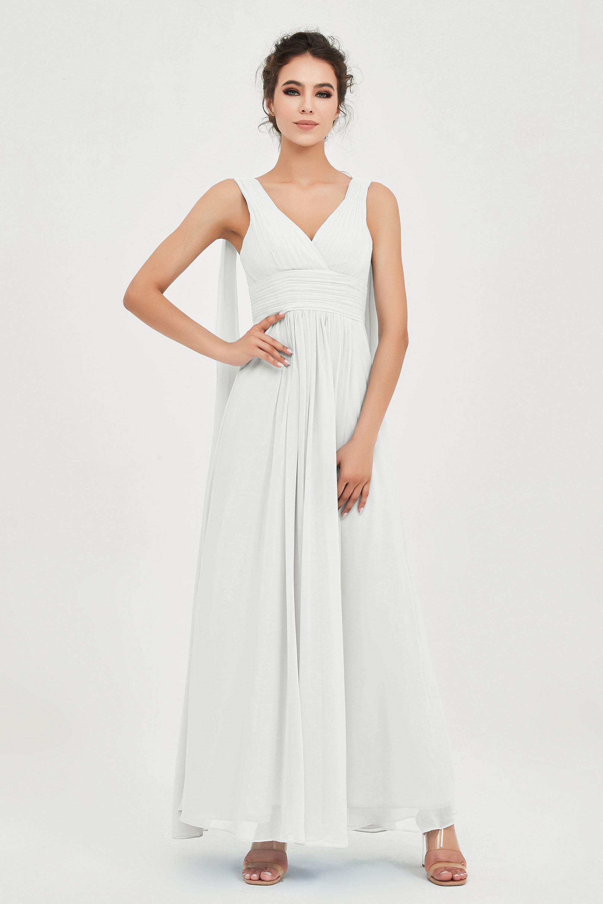 V Neck Chiffon Bridesmaid Dresses Pleated Ruched A Line Formal Evening Dress Gowns
