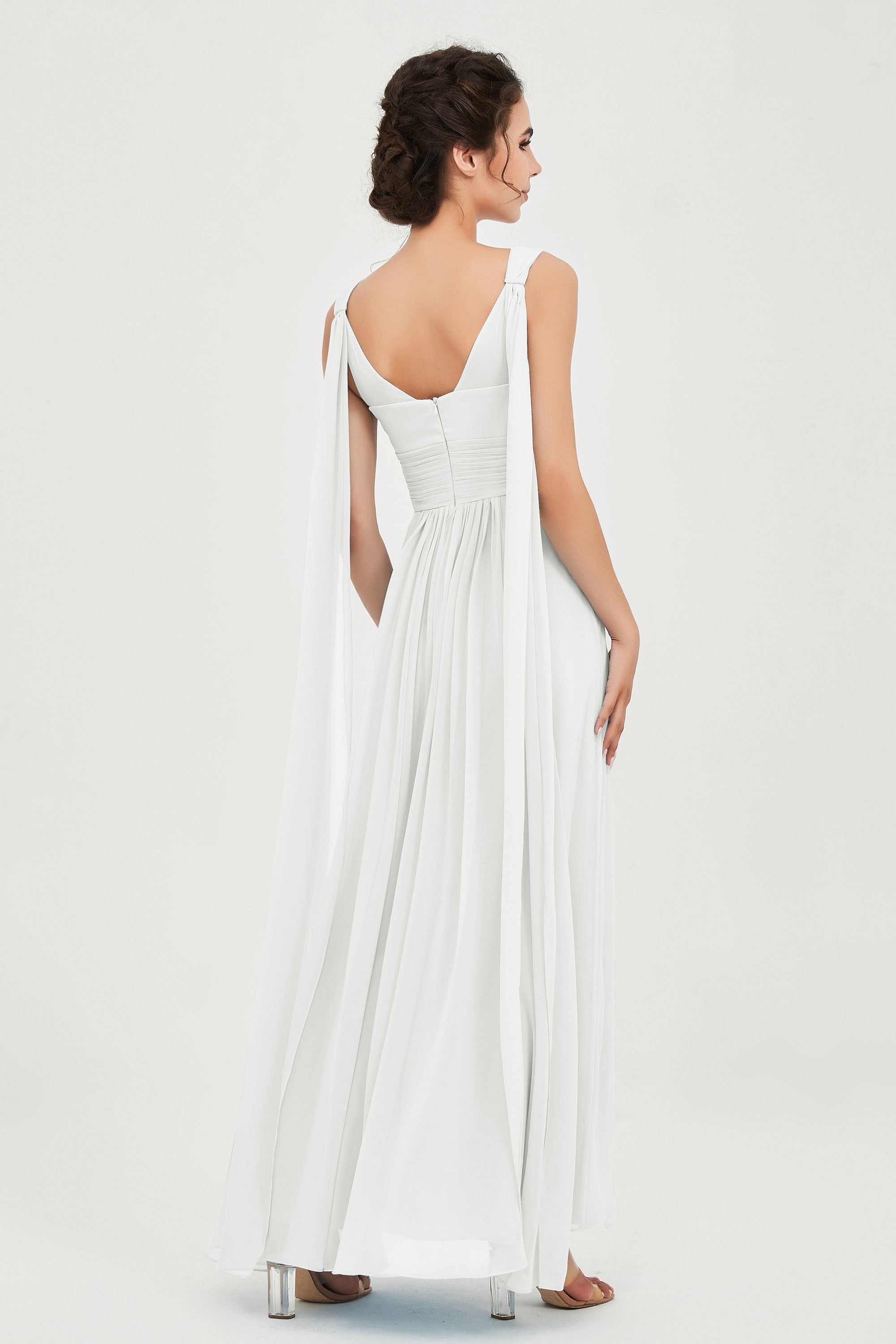 V Neck Chiffon Bridesmaid Dresses Pleated Ruched A Line Formal Evening Dress Gowns