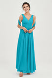 V Neck Chiffon Bridesmaid Dresses Pleated Ruched A Line Formal Evening Dress Gowns