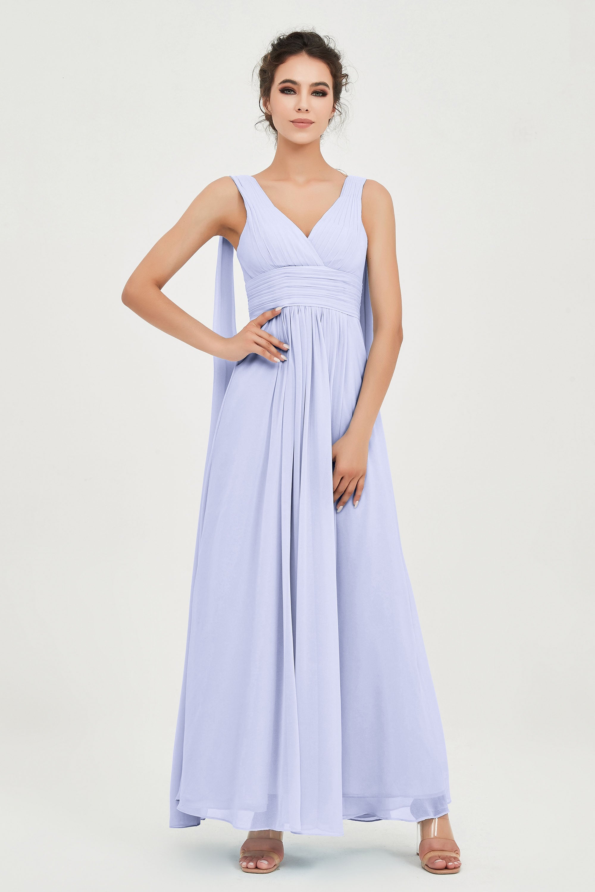 V Neck Chiffon Bridesmaid Dresses Pleated Ruched A Line Formal Evening Dress Gowns