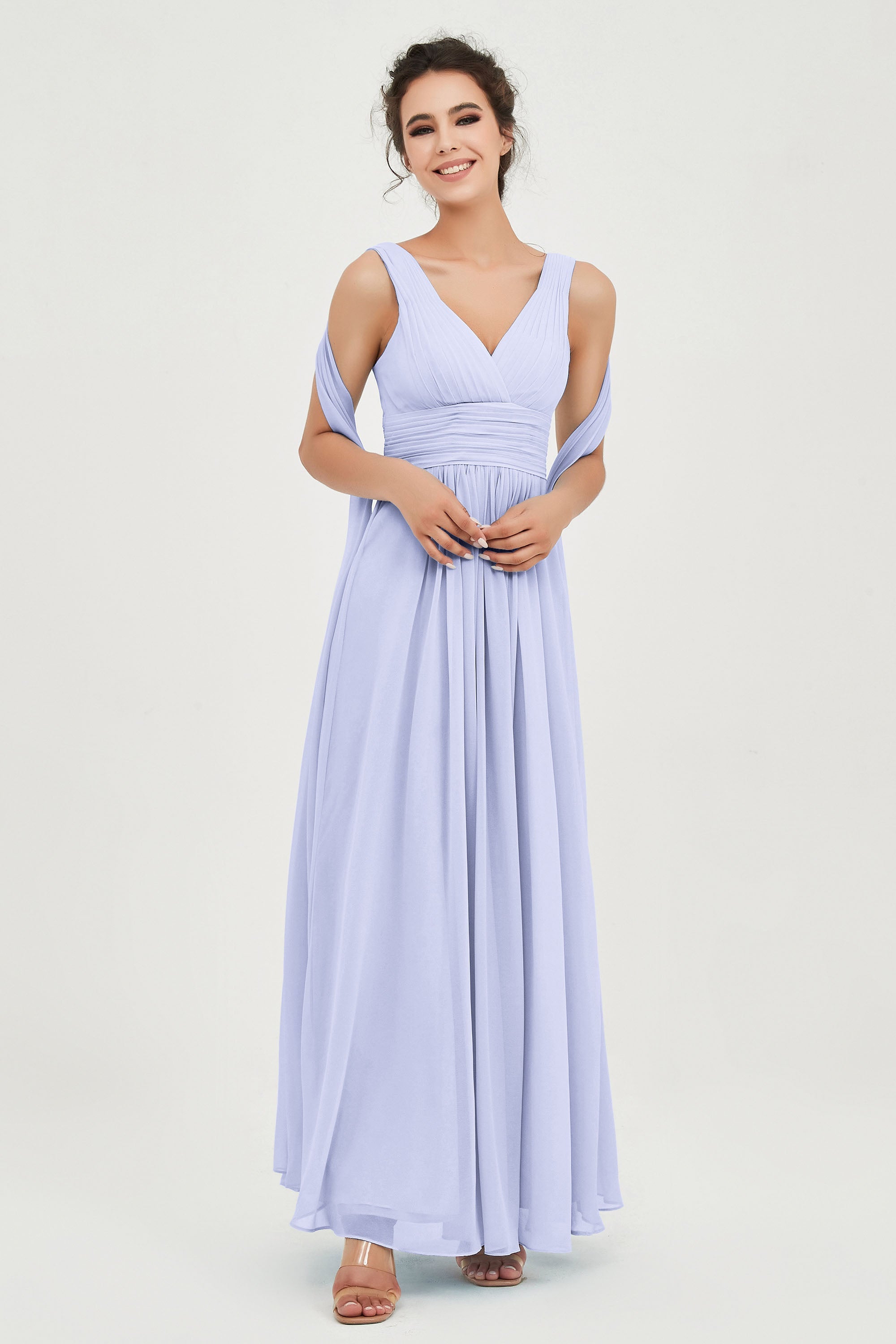 V Neck Chiffon Bridesmaid Dresses Pleated Ruched A Line Formal Evening Dress Gowns