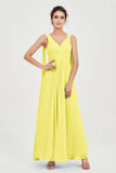 V Neck Chiffon Bridesmaid Dresses Pleated Ruched A Line Formal Evening Dress Gowns