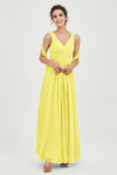 V Neck Chiffon Bridesmaid Dresses Pleated Ruched A Line Formal Evening Dress Gowns