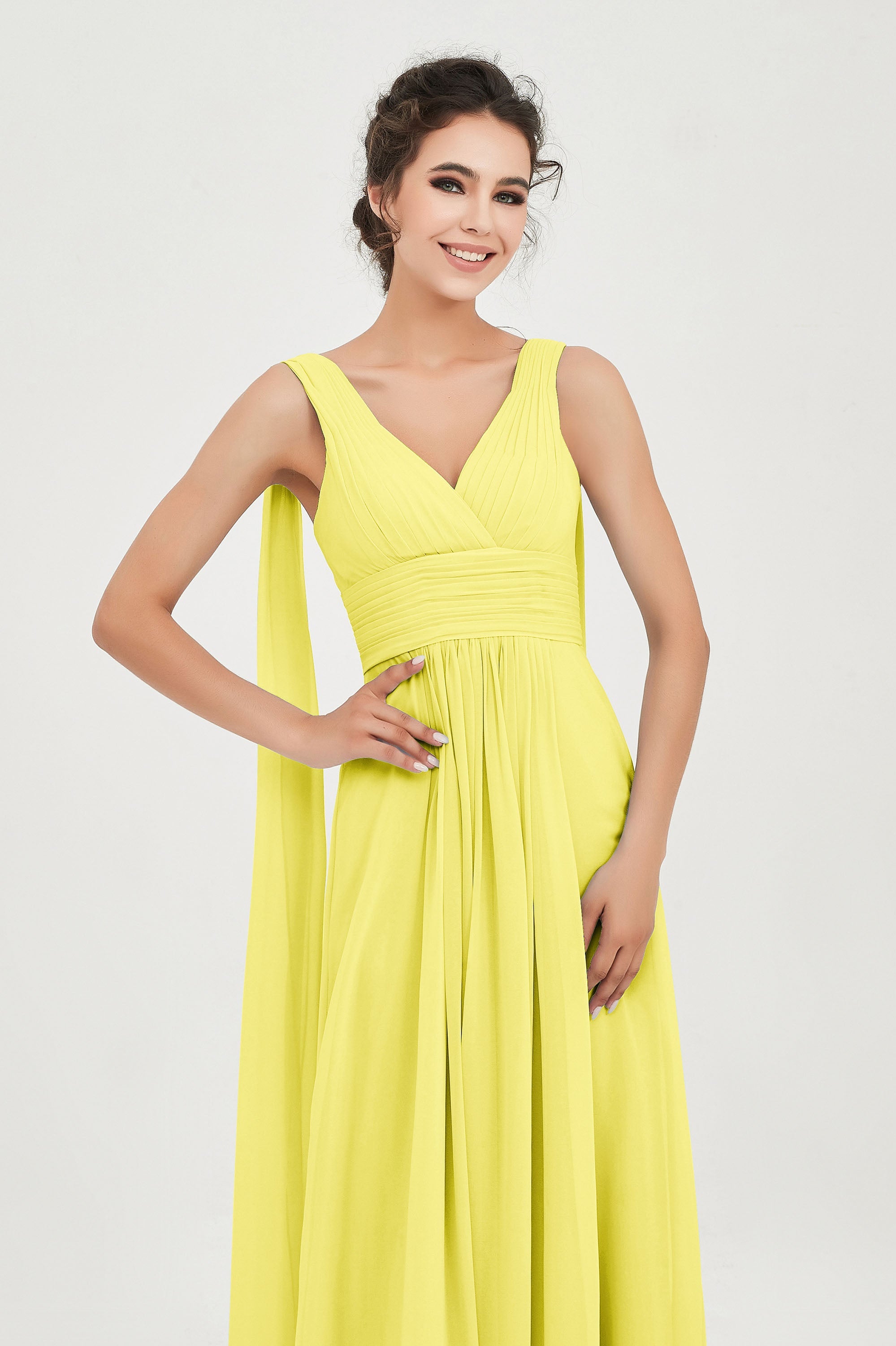 V Neck Chiffon Bridesmaid Dresses Pleated Ruched A Line Formal Evening Dress Gowns