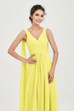 V Neck Chiffon Bridesmaid Dresses Pleated Ruched A Line Formal Evening Dress Gowns