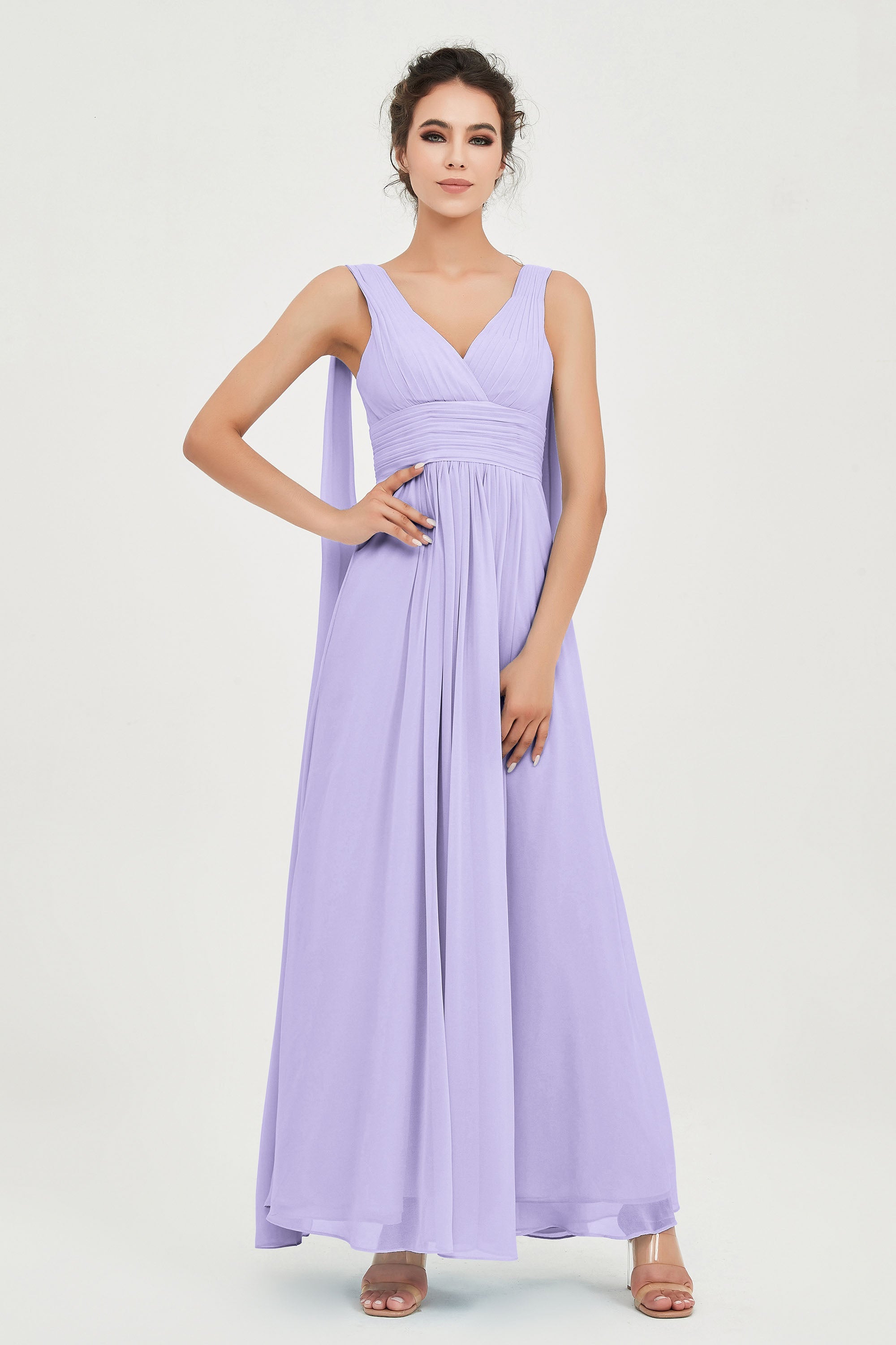 V Neck Chiffon Bridesmaid Dresses Pleated Ruched A Line Formal Evening Dress Gowns