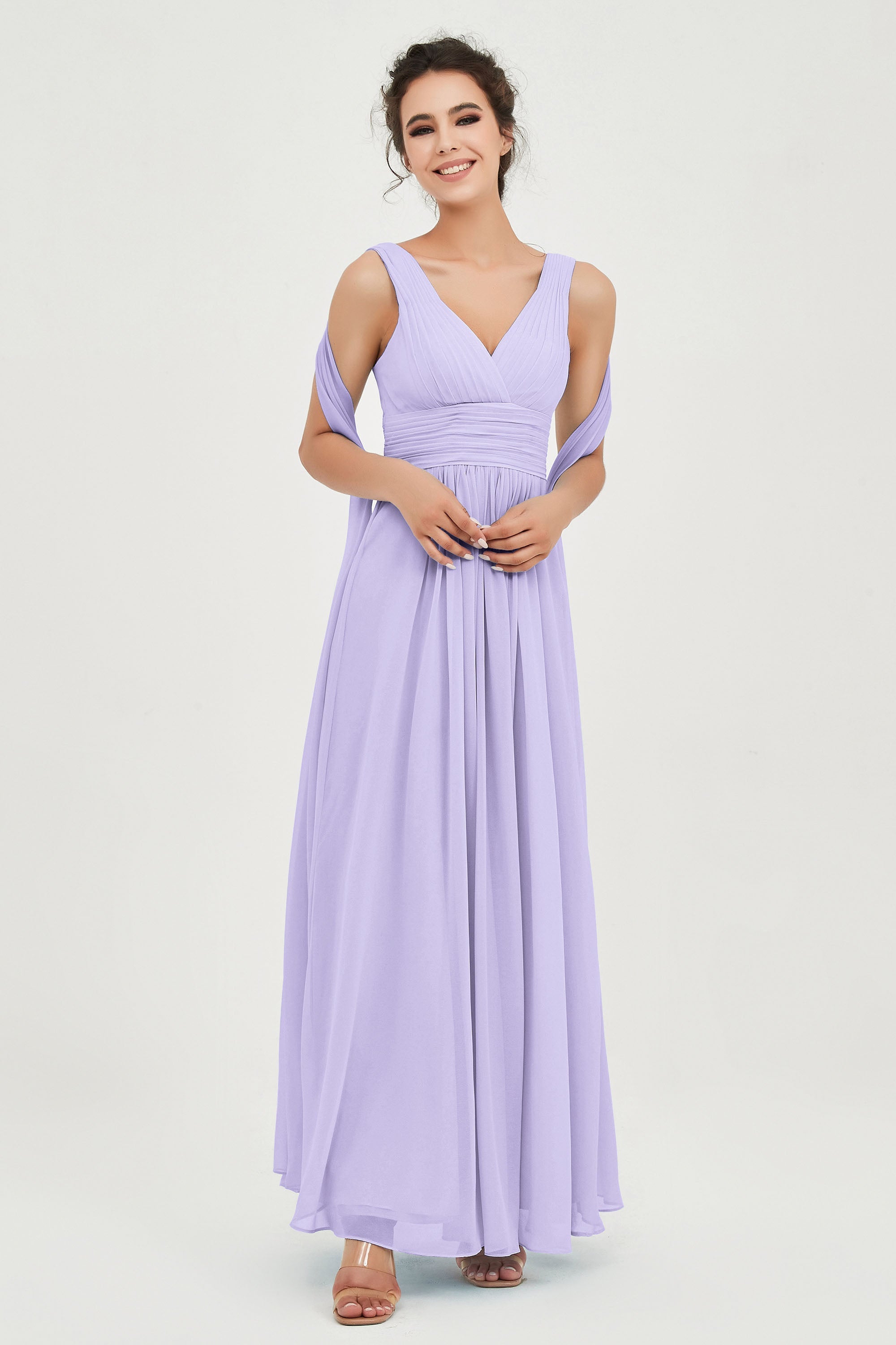 V Neck Chiffon Bridesmaid Dresses Pleated Ruched A Line Formal Evening Dress Gowns