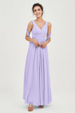 V Neck Chiffon Bridesmaid Dresses Pleated Ruched A Line Formal Evening Dress Gowns