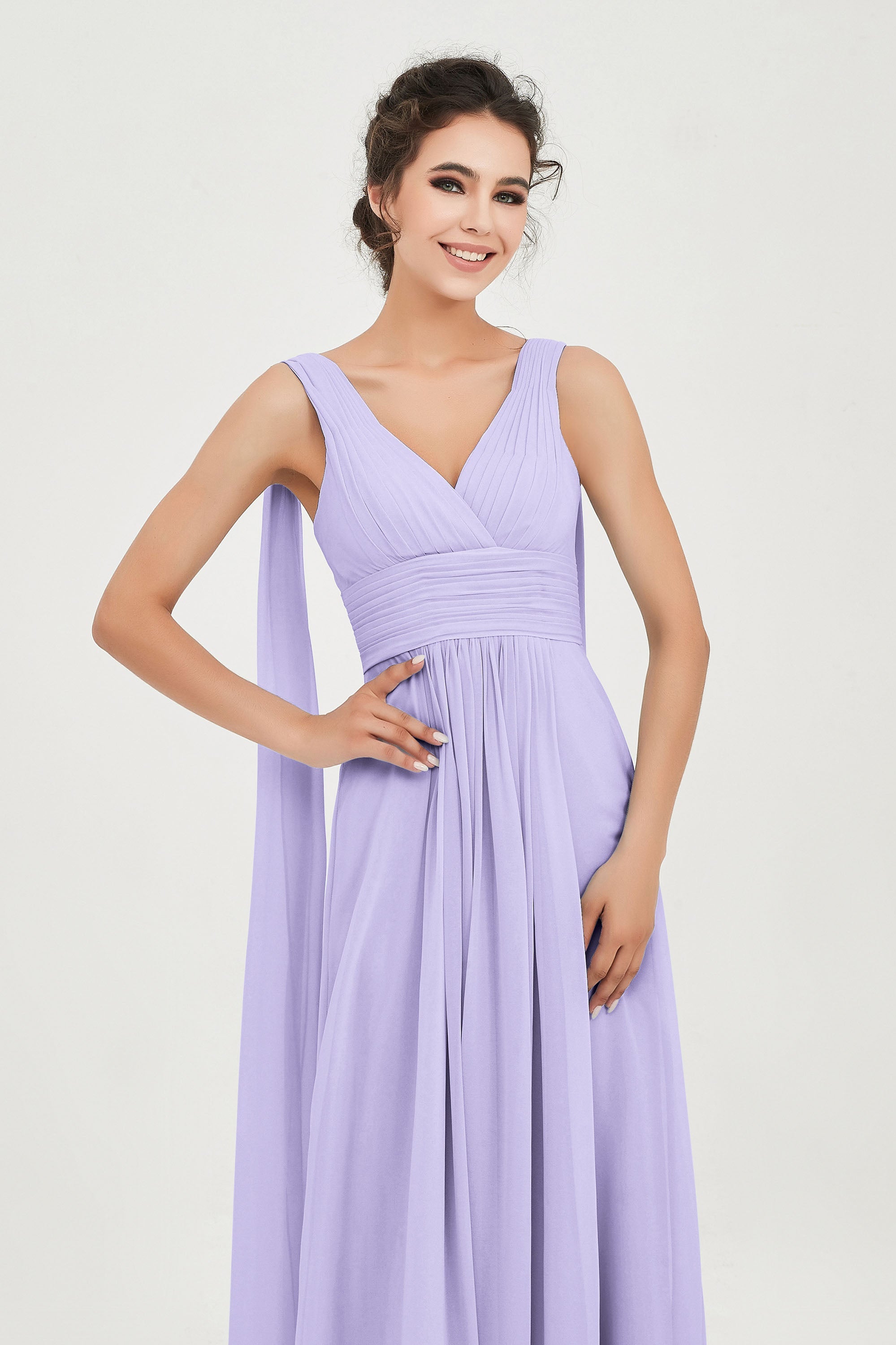 V Neck Chiffon Bridesmaid Dresses Pleated Ruched A Line Formal Evening Dress Gowns