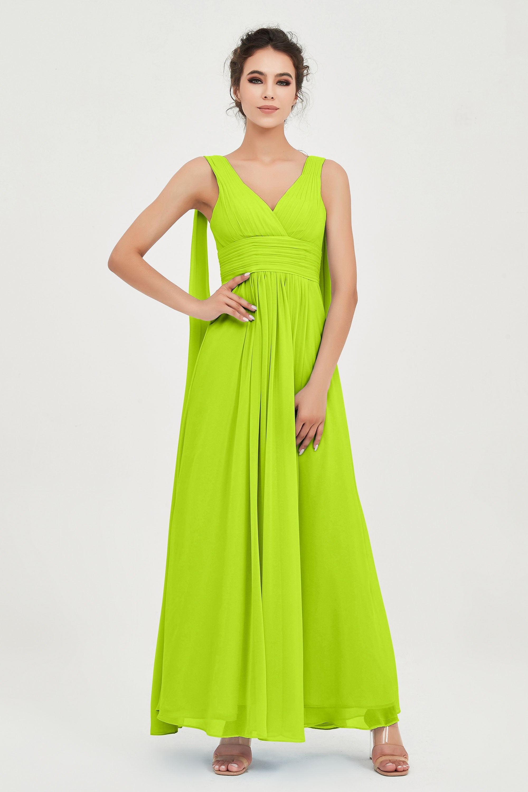 V Neck Chiffon Bridesmaid Dresses Pleated Ruched A Line Formal Evening Dress Gowns