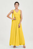 V Neck Chiffon Bridesmaid Dresses Pleated Ruched A Line Formal Evening Dress Gowns