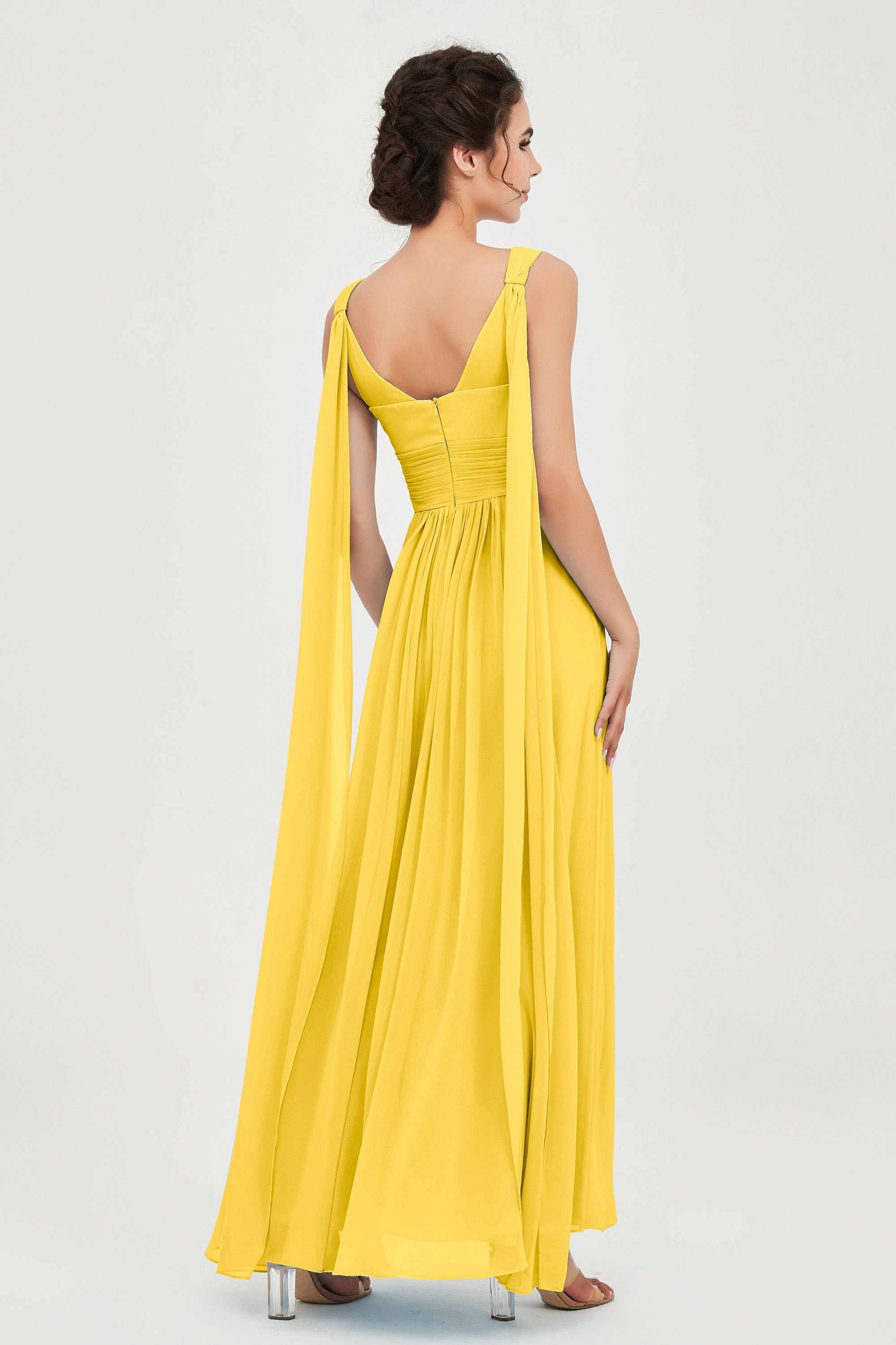 V Neck Chiffon Bridesmaid Dresses Pleated Ruched A Line Formal Evening Dress Gowns