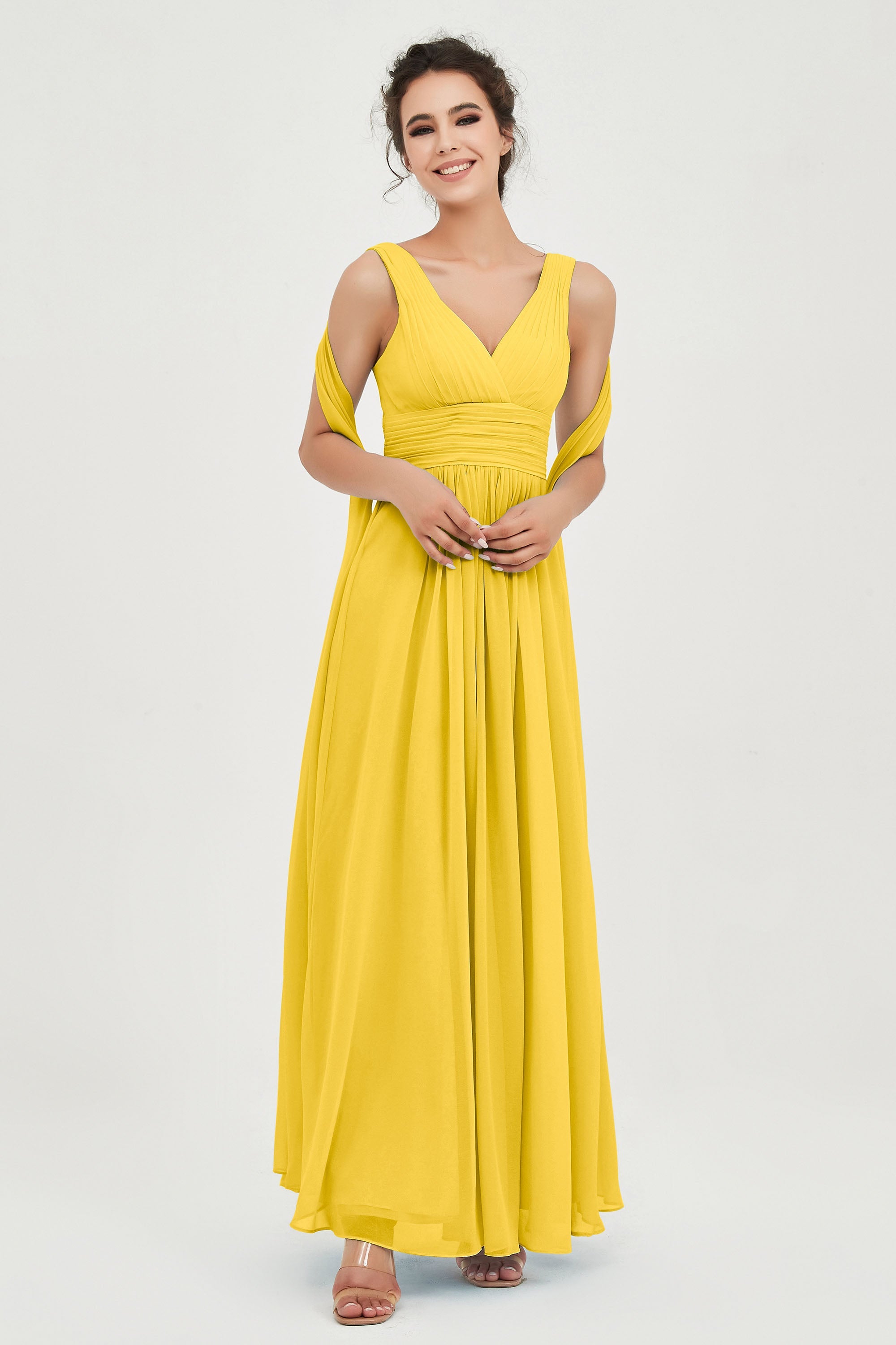 V Neck Chiffon Bridesmaid Dresses Pleated Ruched A Line Formal Evening Dress Gowns