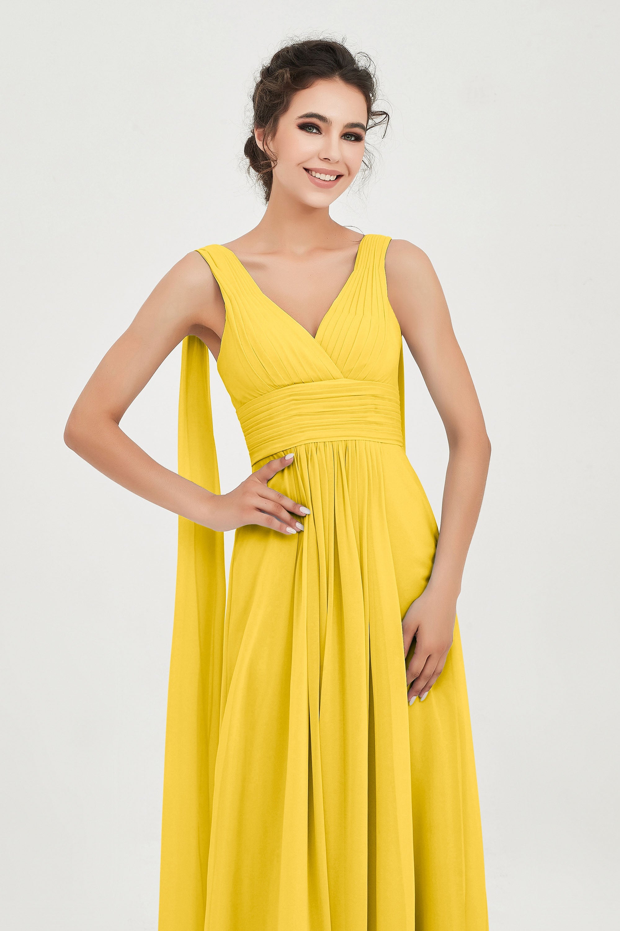 V Neck Chiffon Bridesmaid Dresses Pleated Ruched A Line Formal Evening Dress Gowns