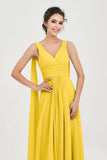 V Neck Chiffon Bridesmaid Dresses Pleated Ruched A Line Formal Evening Dress Gowns