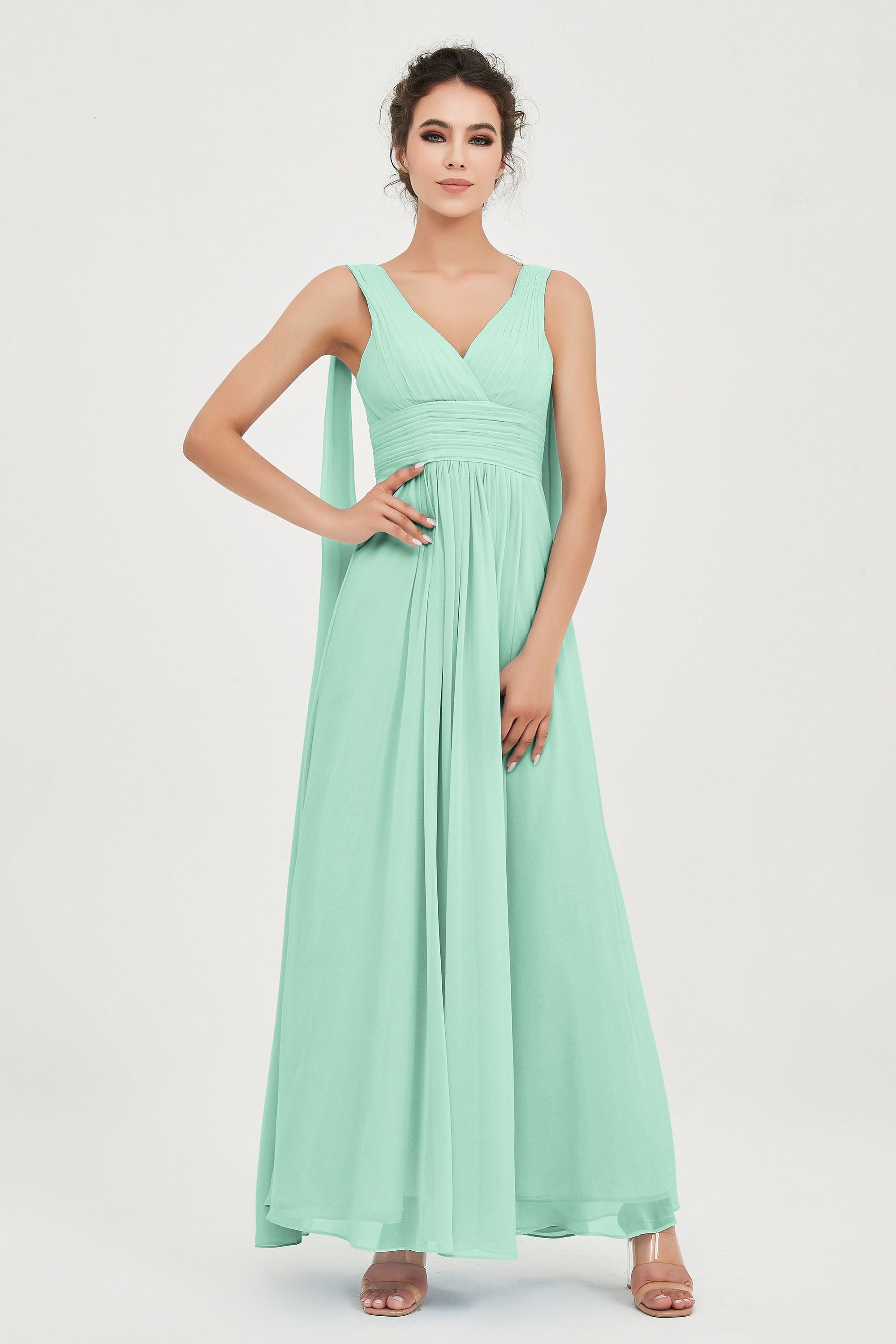 V Neck Chiffon Bridesmaid Dresses Pleated Ruched A Line Formal Evening Dress Gowns