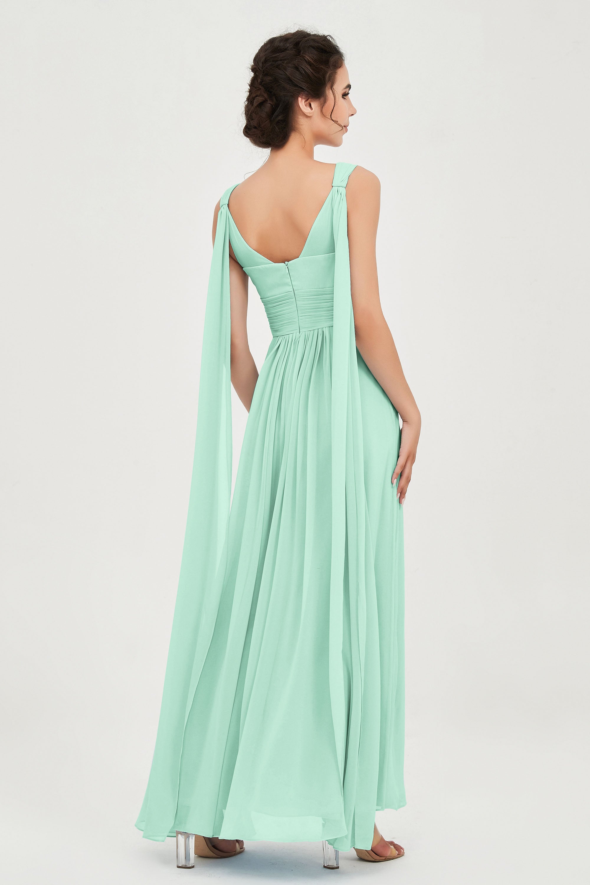 V Neck Chiffon Bridesmaid Dresses Pleated Ruched A Line Formal Evening Dress Gowns