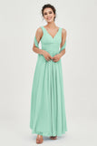 V Neck Chiffon Bridesmaid Dresses Pleated Ruched A Line Formal Evening Dress Gowns