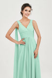 V Neck Chiffon Bridesmaid Dresses Pleated Ruched A Line Formal Evening Dress Gowns