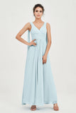 V Neck Chiffon Bridesmaid Dresses Pleated Ruched A Line Formal Evening Dress Gowns