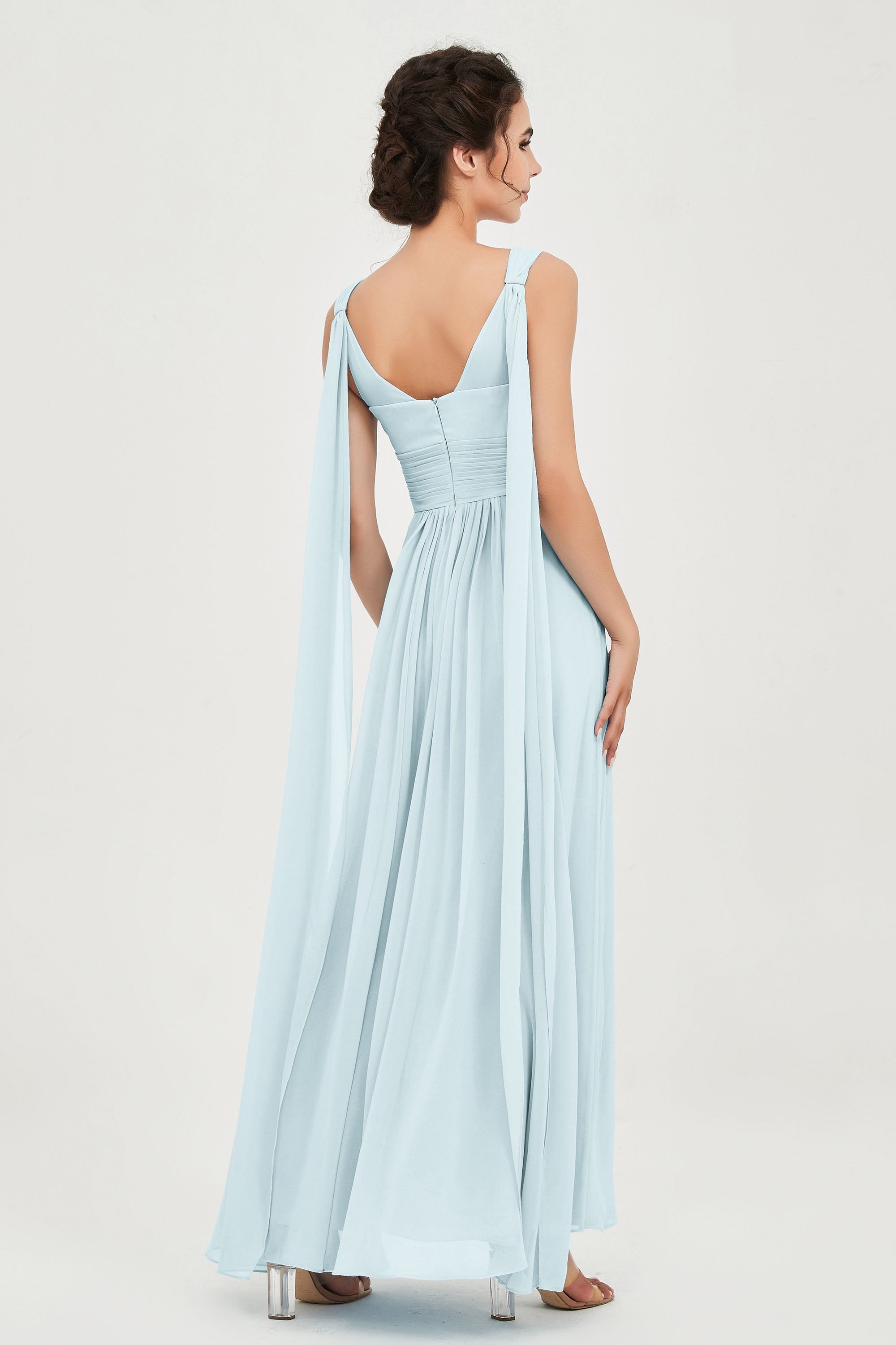 V Neck Chiffon Bridesmaid Dresses Pleated Ruched A Line Formal Evening Dress Gowns