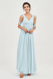 V Neck Chiffon Bridesmaid Dresses Pleated Ruched A Line Formal Evening Dress Gowns