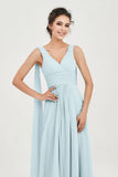 V Neck Chiffon Bridesmaid Dresses Pleated Ruched A Line Formal Evening Dress Gowns