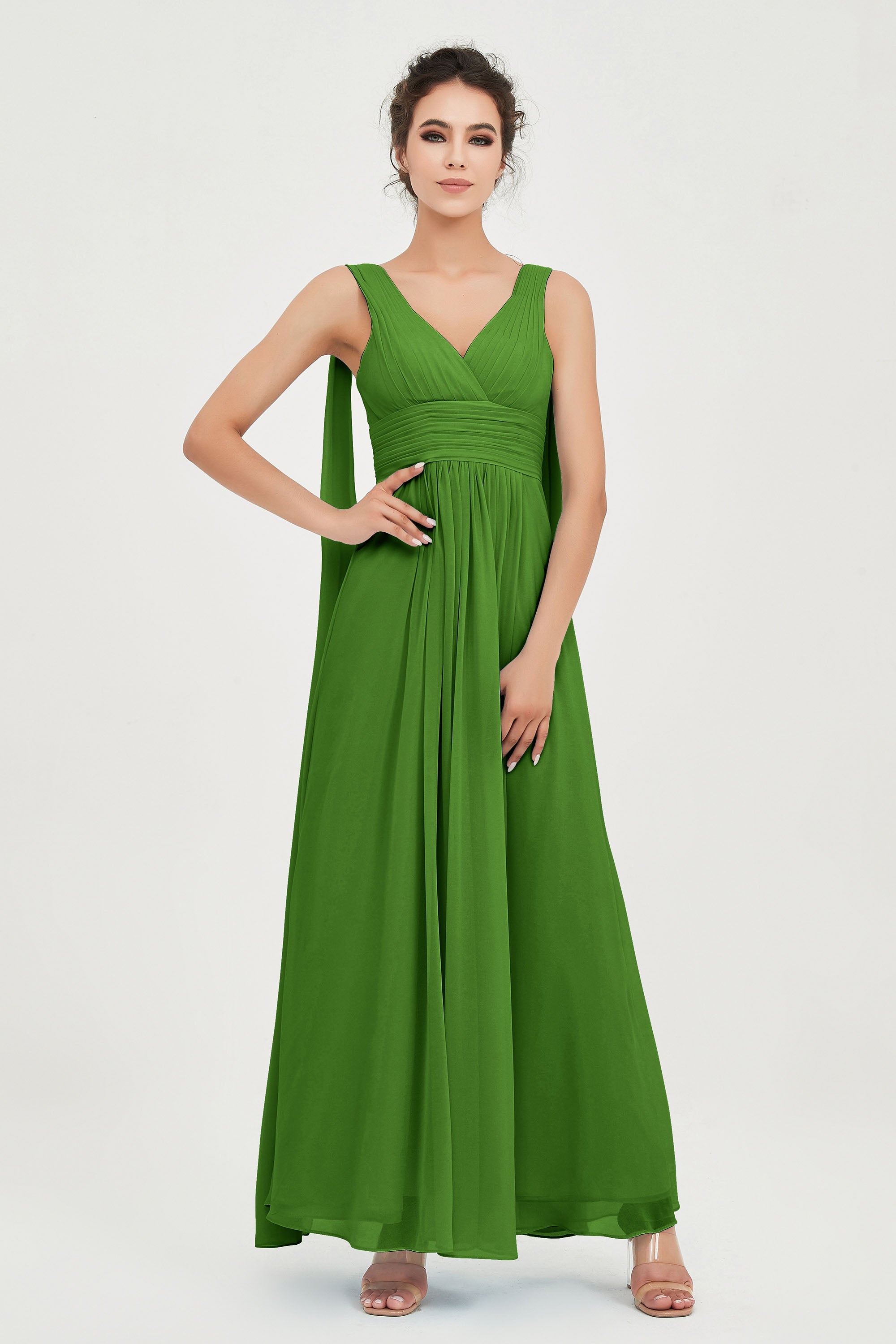 V Neck Chiffon Bridesmaid Dresses Pleated Ruched A Line Formal Evening Dress Gowns