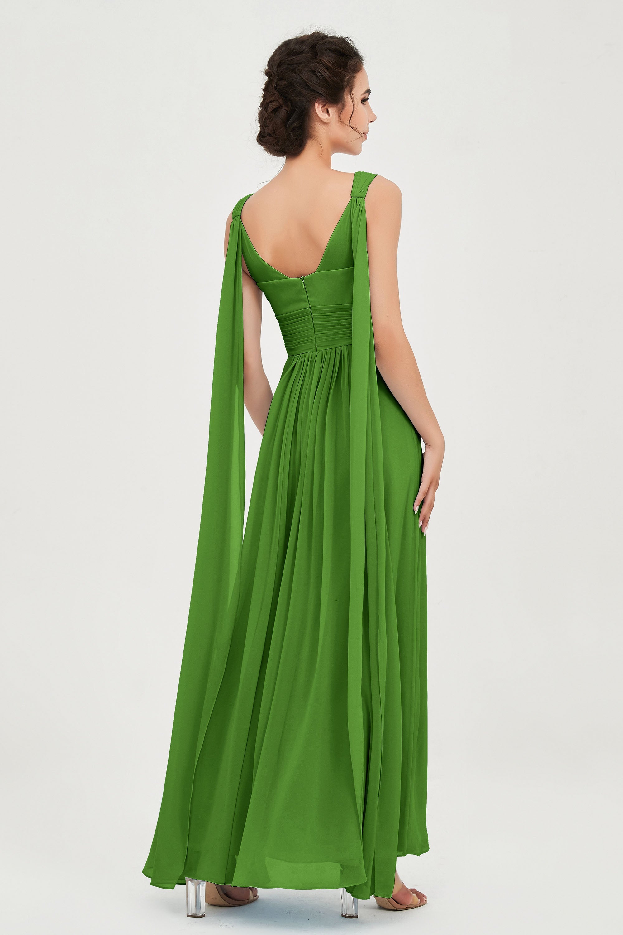 V Neck Chiffon Bridesmaid Dresses Pleated Ruched A Line Formal Evening Dress Gowns
