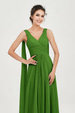 V Neck Chiffon Bridesmaid Dresses Pleated Ruched A Line Formal Evening Dress Gowns