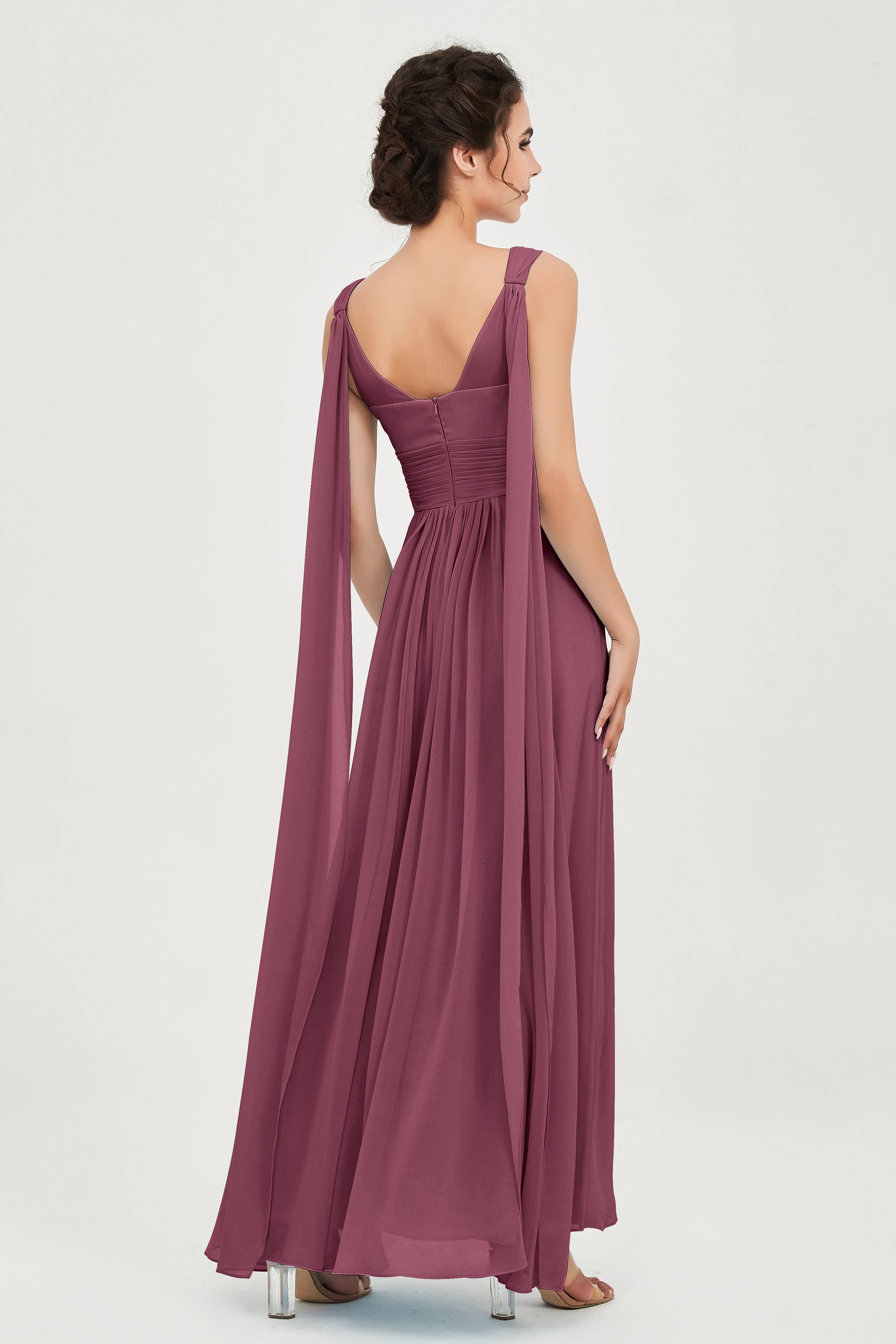 V Neck Chiffon Bridesmaid Dresses Pleated Ruched A Line Formal Evening Dress Gowns