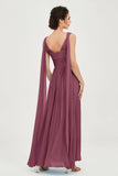 V Neck Chiffon Bridesmaid Dresses Pleated Ruched A Line Formal Evening Dress Gowns