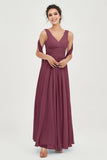 V Neck Chiffon Bridesmaid Dresses Pleated Ruched A Line Formal Evening Dress Gowns